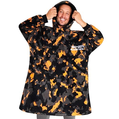 Image of Call of Duty Blanket Hoodie for Men Teens, Camo Wearable Blanket, Fleece Hooded Poncho, Cosy Loungewear, Gamer Gifts for Him (Orange/Grey Camo)