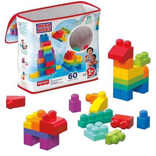 Image of MEGA BLOKS Big Building Bag building set with 60 big and colorful building blocks, and 1 storage bag, toy gift set for ages 1 and up, DCH55