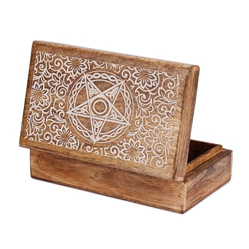 Image of Ajuny Hand Carved Wooden Keepsake Box 8 x 5 Inch, Star Floral Design Mango Wood Trinket Storage Organiser, Decorative Jewellery Holder, Treasure Chest Gift Box for Home Decor