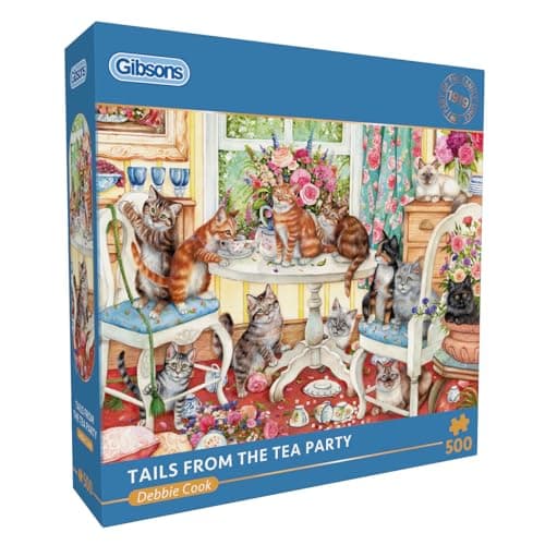 Image of Gibsons Tails from the Tea Party 500 Piece Jigsaw Puzzle for Adults – Charming Cat Afternoon Tea Party Scene Artwork by Debbie Cook – Whimsical Design – Premium Sustainable Puzzle Made in UK/EU