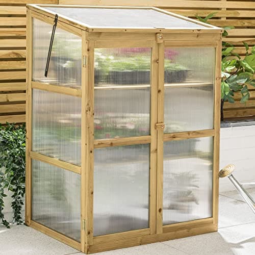 Image of Christow Wooden Greenhouse Garden Cold Frame Lean To Grow House Polycarbonate Windows (H110cm x W76cm x D59cm) (Natural Finish)
