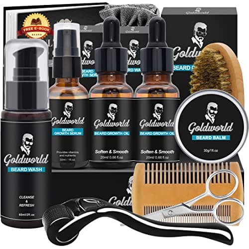 Image of Beard Growth Grooming Care Kit for Men w/Derma Roller Hair Growth,Birthday Gifts Set for Him Christmas Stocking Fillers Mens Dad Boyfriend Husband w/Beard Oil,Beard Wash/Shampoo,Balm/Wax Comb Brush
