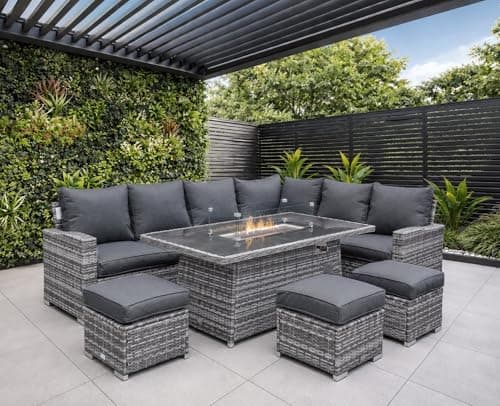 Image of GOODS EMPORIUM Rattan Garden Furniture with Fire Pit Table - 8/9 Seater Outdoor Furniture Rattan Corner Sofa Corner Garden Patio Sets - FREE RAIN COVER (Dark Grey, Left or Right Hand - Firepit Table)