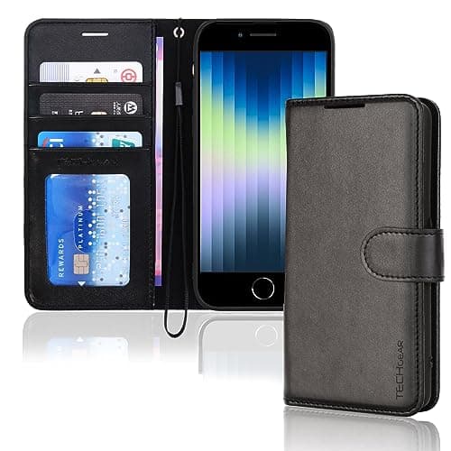 Image of TECHGEAR iPhone SE 2022 5G / 2020, iPhone 8/7/6 Leather Wallet Case, Flip Case Cover, Card Holder, Stand, Wrist Strap - Black PU Leather, Magnetic Closure for iPhone SE 3 / SE 2 / iPhone 8 7 6 6s 4.7"