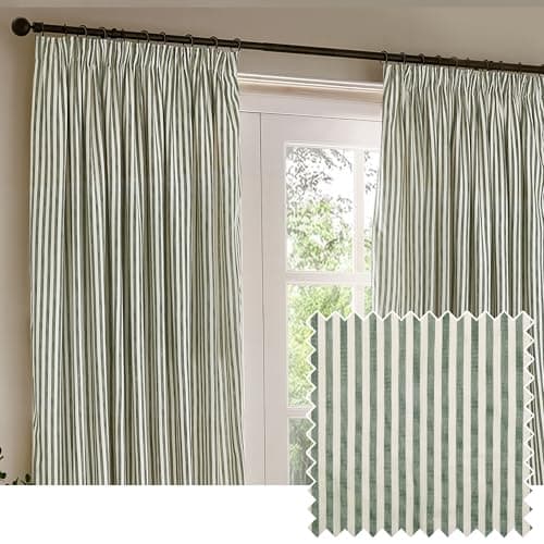 Image of Yard Hebden Pencil Pleat Curtain Pair – Ultra Soft Cotton Lined Striped Curtains (Forest - 117x137cm)