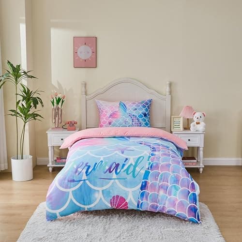 Image of MUSOLEI Mermaid Bedding Set Girls Single Colorful 3D Mermaid Tail Blue Duvet Cover Sets Pink Lovely Quilt Cover Soft with Pillwocase (MermaidBedding, Single)