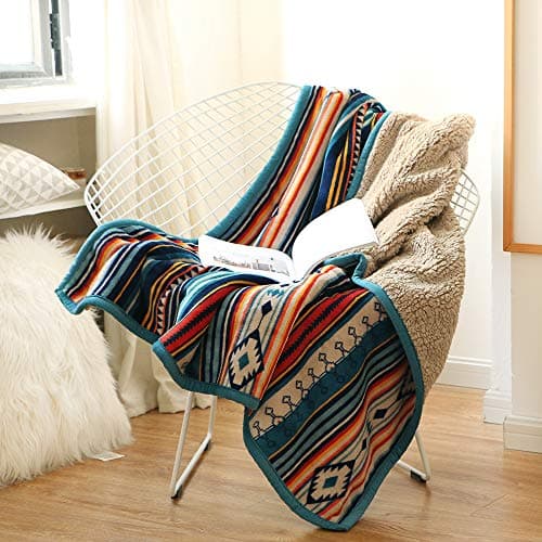 Image of Qucover Flannel Fleece Throw Blanket Bohemian Blue Stripe Pattern Reversible Sherpa Fleece Throws for Sofa Couch Bed, Decorative Soft Comfy Blankets (150x200cm)