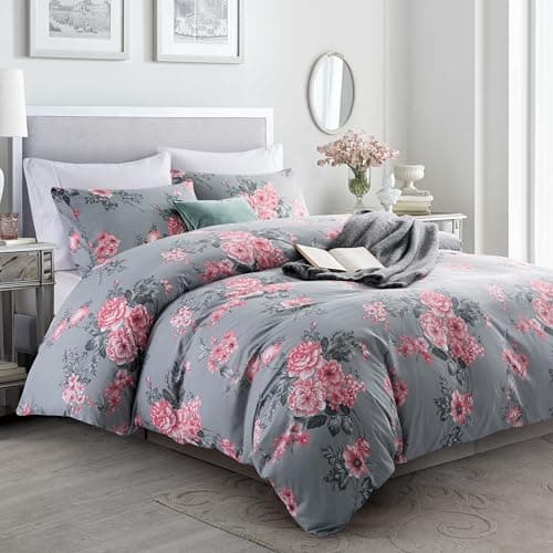 Image of MOONLIGHT20015 King Size Duvet Cover Sets Soft Printed Luxury Bedding Set Brushed Microfiber Duvet Covers with Pillowcases (Grey Bouquet 230x220 CM)