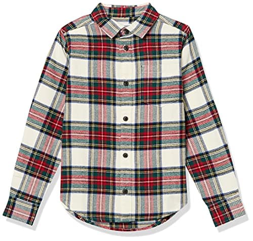 Image of Amazon Essentials Boys' Flannel Button Down Shirt, Green Red Plaid, Large