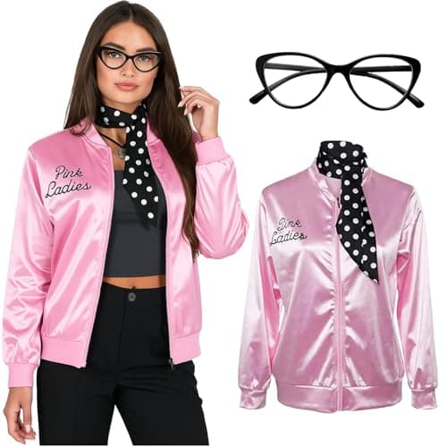 Image of SSKHE Ladies Pink Grease Jacket with Neck Scarf Glasses, Halloween Cosplay Costume Fancy Dress, 1950s Pink Satin Jacket Outfit for Women Festival Carnival Christmas 80s Party