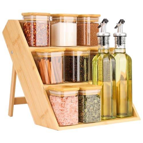 Image of BELLE VOUS 3-Tier Spice Rack with 8 Glass Jars & 2 Oil Dispenser Bottles - Wooden Free Standing Spice Jar Storage Organiser for Kitchen Herbs/Seasonings