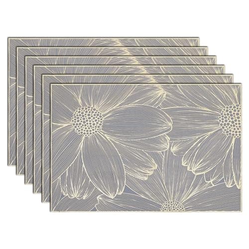 Image of comfoyar Gold Daisy Placemats Set of 6, 30x45cm Non-Slip Vinyl Flower Grey Pressed Place Mats, Washable Waterproof Rectangular Modern Table Mats for Indoor Kitchen Dining Party Table Decoration