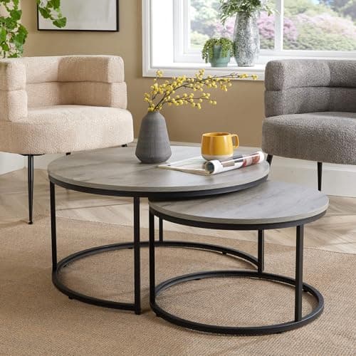 Image of Home Source Round Stackable Nest of 2 Coffee Side Tables, Black Metal Frame, Grey Finish