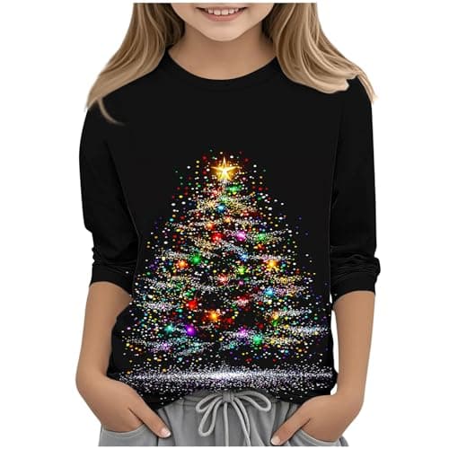 Image of Saxrel Black Kids Light Up Christmas Tree Jumper 4 Years Girls 3/4 Sleeve Christmas Tshirt Xmas Tops Sweatshirt Loose Fit School Party Pullover