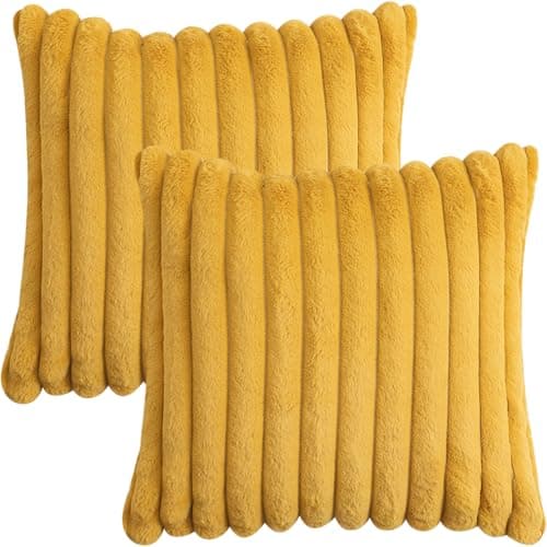 Image of Tennove Cushion Covers 40x40cm Soft Faux Fur Plush Cushion Pillowcase Decorative Striped Fluffy Throw Pillow Covers Pack of 2 for Home Sofa Bedroom Decor, Mustard Yellow