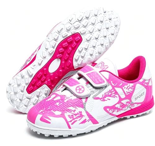 Image of Misswell Boys Football Boots Kids Girls Astro Turf Trainers Junior Soccer Athletics Training Shoes Teenager Outdoor Indoor Sport Shoes Sneakers for Unisex Size 4 Pink