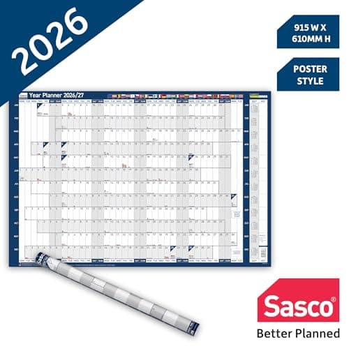 Image of Sasco 2026 EU Wall Planner – Poster Style Year Calendar with Wet Wipe Pen & Stickers, 91.5x61cm, Blue – UK & European Holidays Marked – 2026 Wall Planner for Multinational Teams