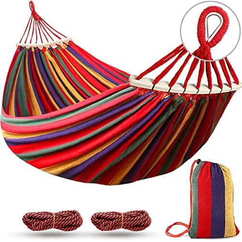Image of MOSFiATA 275x155cm Hammock with Spreader Bars, Camping Hammock Outdoor, with Thickened Durable Canvas Fabric and Sturdy Metal Knot, 550 lb Load Capacity, for Backyard, Garden