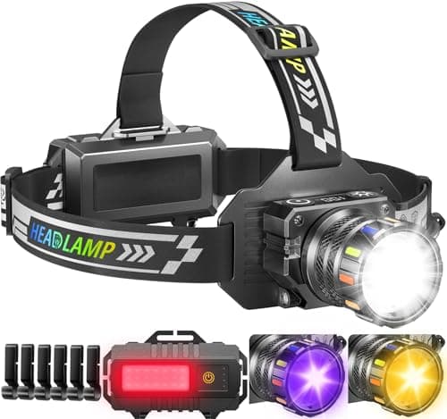 Image of 100000LM Head Torch Rechargeable,13 Modes Super bright Led Headtorch with UV/Warm/Red light & IPX7 Waterproof & 120° Adjustable & Motion & Zoomable, Red Warning Headlight for Running, Camping, Hiking