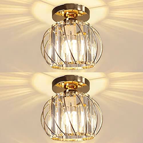 Image of Hudi Fyier Chandelier Crystals Ceiling Lighting Fixtures, 2 Pack Gold Modern Mini Ceiling Light, Small Semi Flush Mount Ceiling Lamp for Hallway Kitchen Dining Rooms Living Rooms Bar