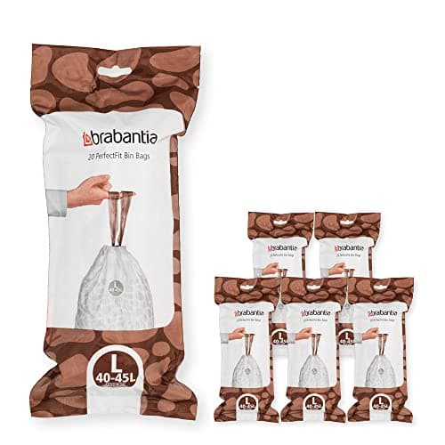 Image of Brabantia 138669 PerfectFit Bin Liners Multipack (Size L/40-45 Litre) Thick Plastic Trash Bags with Tie Tape Drawstring Handles (120 Bags), White