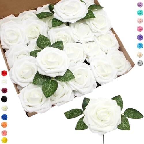 Image of 25pcs Faux White Roses Artificial Flowers Roses,Real Touch Foam Roses Fake Flowers Artificial Roses Bulk with Stem for Wedding Decor,Bridal Shower Crafts Home Baby Shower Valentines Day Decorations