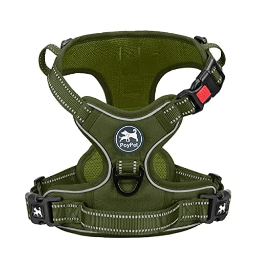 Image of PoyPet No Pull Dog Harness, Reflective Dog Harness for No Choke Dogs, Soft Padded Pet Vest with Easy Control Handle(Army Green Matching Trim, S)