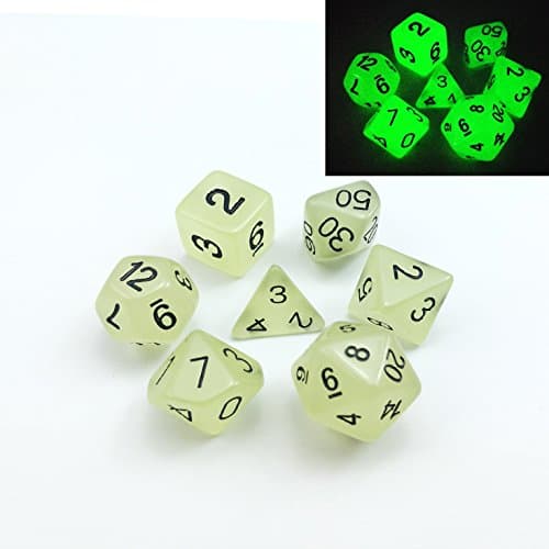 Image of Set of 7 Glow in the Dark Polyhedral Dice (7 Die in Set) | Role Playing Game Dice | D4, D6, D8, D10, D%, D12, and D20 (Aqua)