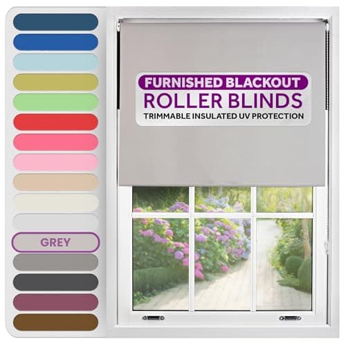 Image of FURNISHED Roller Blinds Thermal Blackout Roller Blind - Trimmable Insulated UV Protection Child Safe Easy Fit Home Office Window Blinds, Grey, 90 cm Wide x 165 cm Long