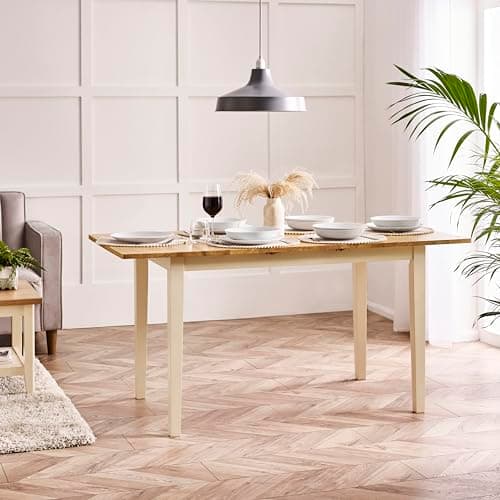 Image of Furniturebox UK 4 to 6 Seat Extendable Wood Table - Salcombe Wooden Extending Dining Table - Pale Oak Stain Top Cream Legs - Fresh Take on Traditional Farmhouse Dining Furniture - Solid Rubberwood