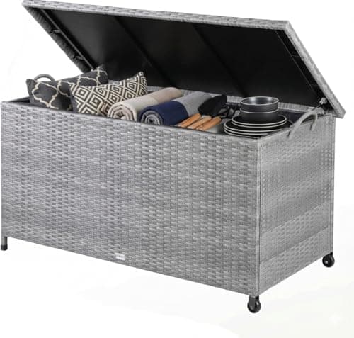 Image of CASARIA® 270 Litre Polyrattan Garden Storage Box with Wheels | Waterproof UV Resistant | Inner Lining | 117x53x60cm Patio Furniture Cushion Chest with Gas Pressure Lift Lid | Grey