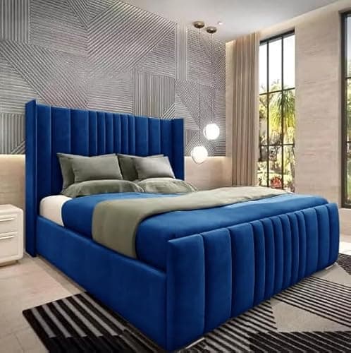 Image of S&W DECORE 4FT Small Double Wingback Bed Frame With Headboard Upholstered In Blue Plush Velvet Frame Wooden Slats - No Storage - No Mattress (Blue, 4FT Small Double Bed Frame)