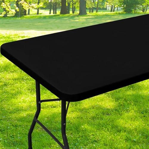 Image of Dremisland Water Resistant Rectangular Tablecloth Elastic Edged Fitted Vinyl Black Table Cover with Flannel Backing Wipeable Oilcloth PVC Table Protector Cover for Dinning Room Kitchen Picnic