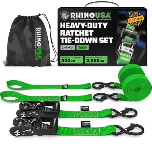 Image of Rhino USA Ratchet Straps Heavy Duty Kit (2-Pack) - 4cm x 2.4m (2,000kg Break Strength) - Ultimate Tie Down Straps with Safety S Hooks for Trucks, ATV, UTV, Motorcycle, Cargo & More - Green
