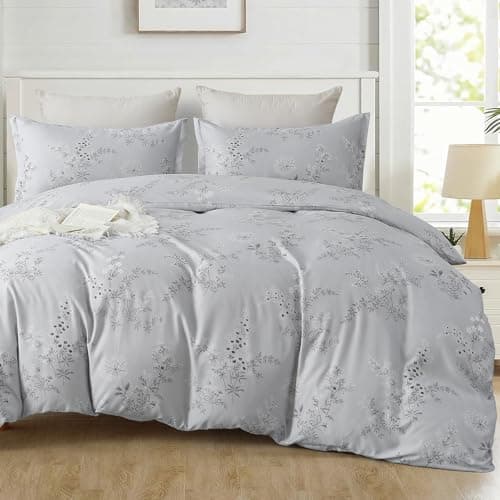 Image of Guchuang Bedding Light Grey Silver Floral Double Size Duvet Cover Set, Flowers Bedding Set with 2 Pillowcases, Soft Microfiber Quilt Cover with Zipper Closure 200x200cm