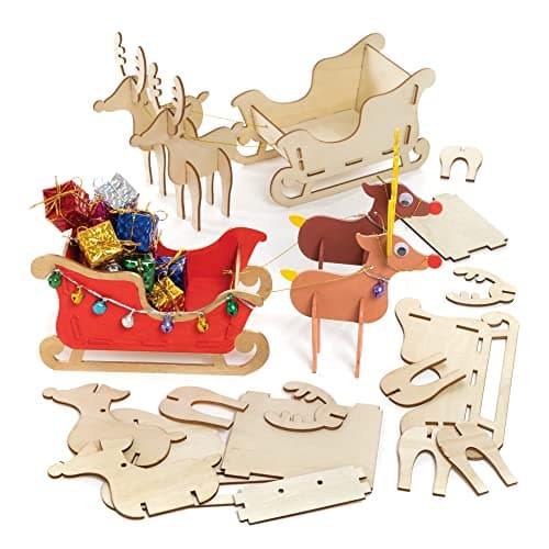 Image of Baker Ross FE852 Wooden Reindeer and Sleigh Kits - Pack of 2, Wooden Crafts for Children to Decorate and Display, Make Your Own Christmas Decorations, Gold