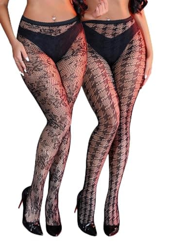 Image of comeondear 2 Pack Patterned Tights for Women L-2XL, Houndstooth & Floral Fishnet Goth Tights Multipack, Funky Mesh Pantyhose Sexy Fish Net Leggings Valentines Gifts for Her Rave Outfit, Black