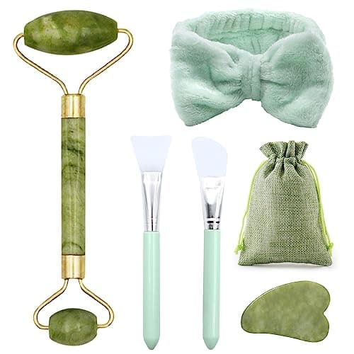 Image of VEGCOO Jade Roller Gua Sha Set, Face Roller & Gua Sha Stone Massage Tool for Eye Puffiness Treatment, Facial, Neck and Body Muscle Relaxing