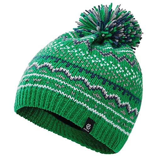 Image of Dare 2b Buzzer Acrylic Knit Fleece Lined Bobble Detail Knitted Ribbed Cuff Beanie Headwear - Vivid Green/Dark Denim, 11-13