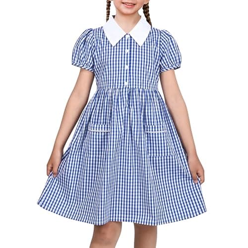 Image of Sunny Fashion Girls Dress Navy Gingham Puff Short Sleeve Button Pocket School Everyday Age 6 Years