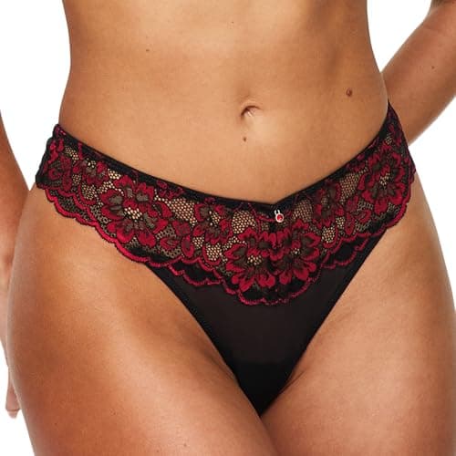 Image of Ann Summers Sexy Lace Thong Low-Rise Womens Lingerie Underwear with Mesh Back, Delicate Floral Lace & Centre Charm, Cotton Gusset – Stylish and Comfortable G String for Minimal Lines Black/Red