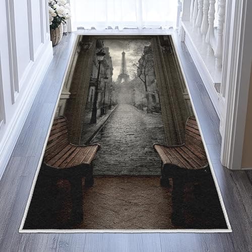 Image of Eiffel Tower Runner Rugs for Hallway 60x150, Paris Street View Carpet Runner Non Slip Washable, Black White Floor Mat for Hallway Entryway Kitchen Laundry Room P149dl