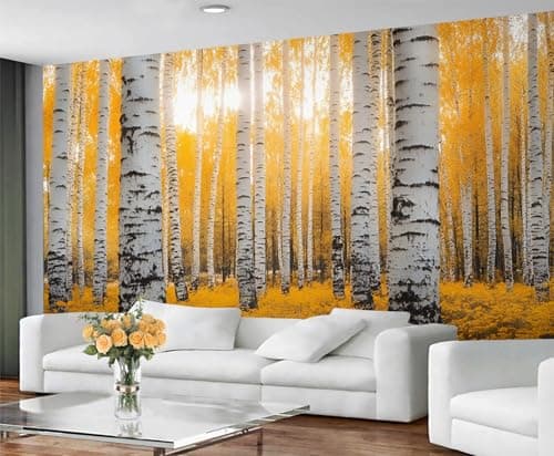 Image of GIVLWF Autumn Wallpaper & Wall Mural, Birch Forest Bedroom Wallpaper, Yellow Wall Paper for Living Room, Mural & Home Decor - Non Self Adhesive