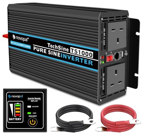 Image of NOVOPAL 1000W Power Inverter Pure Sine Wave 12V DC to 240V AC Converter with 2 UK Outlets and 1 USB,16.4FT Remote Control,2 Cooling Fans for RV,Boat,Camping,Home