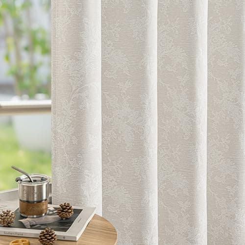 Image of Fmfunctex Beige Floral Jacquard Blackout Curtains for Living Room 84 inch Scroll Flower Curtains for Bedroom Thermal Insulated Chenille Eyelet Curtain Room Darkening Window Curtain Drapes 2 Panels