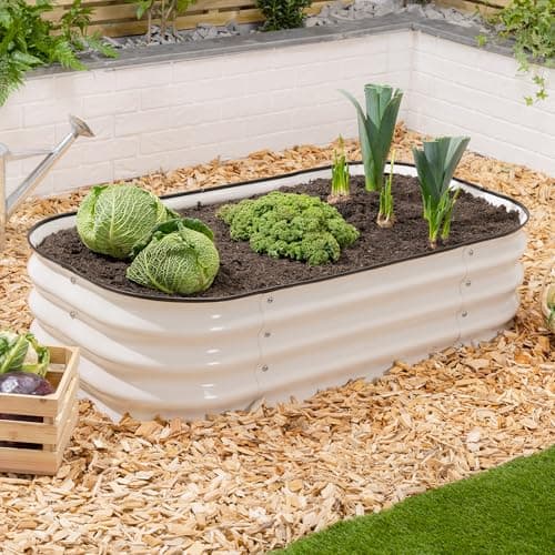 Image of CHRISTOW Rectangle Raised Garden Bed – 120cm x 60cm x 30cm, Cream Galvanised Steel Planter, Open Base for Drainage, Outdoor Grow Bed for Plants, Flowers & Vegetables, Protective Rubber Rim