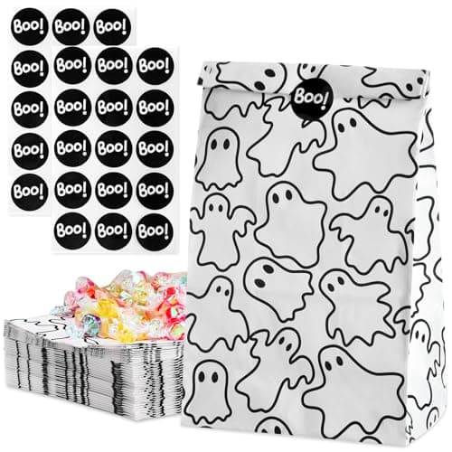 Image of AmazingSpark 30 Set Halloween Treat Bags with Boo Stickers Candy Mini Bags Ghost Party Favors for Trick or Treating Goodie Gift for Snacks Birthday Baby Shower Supplies