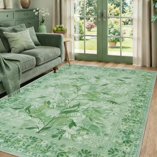 Image of Famibay Washable Rugs Living Room 120x170cm Green Area Rugs for Bedroom Soft Low Pile Floral Carpet for Living Room Bedroom Dining Room Office