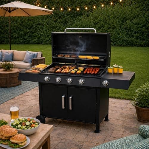 Image of 5 Gas Barbecue Grill 4 + 1 Side Gas Burner Outdoor Cooking Grill with Warming Grill, Thermometer, Regulator Gauge, Shelves, & Cabinet