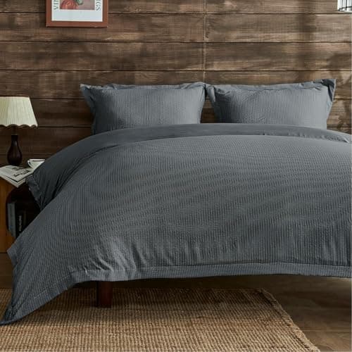 Image of Lions Double Bed Bedding Set - Seersucker Duvet Cover with Matching Pillowcase, Soft 100% Polyester Microfibre Quilt Covers, 3 Piece Bed Sets, Charcoal, 200x200cm